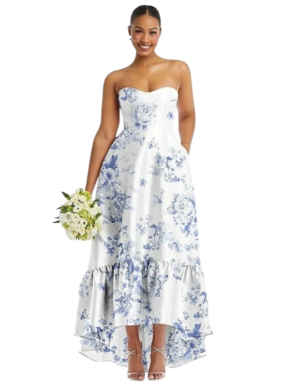 New Alfred Sung White Blue Strapless Floral Ruffle High-Low Gown Size 0 D838FP
